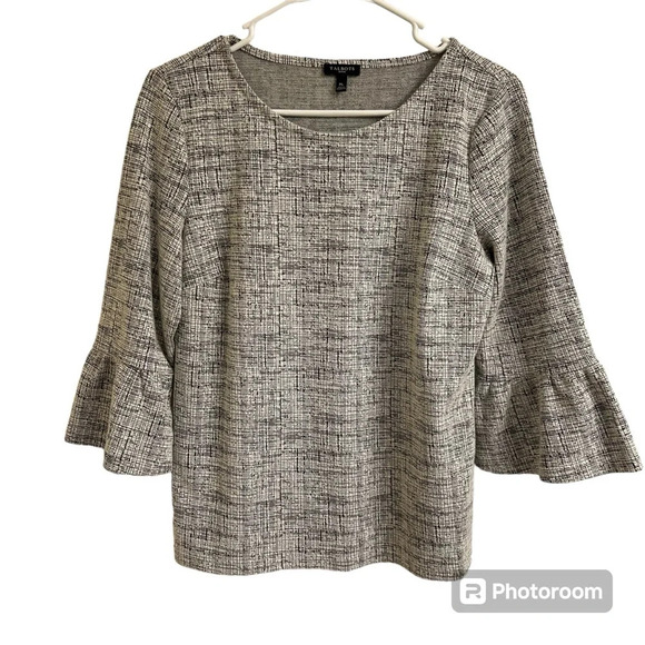 Talbots Womens Med Petite 3/4 Bell Sleeve Black White Geometric Print Blouse Top - Picture 1 of 7